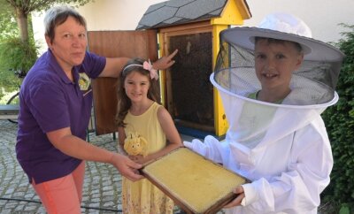 Altstadtfest bietet Show und Information - Ute Adelt vom Imkerverein Stollberg erklärte den Geschwistern Noralie und Eliano Vater einiges zum Thema Bienen.
