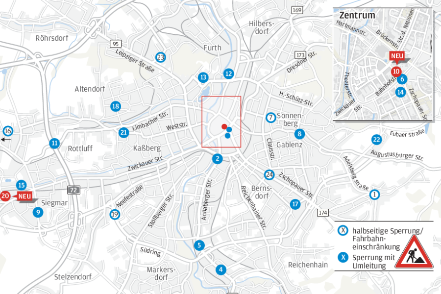 An diesen Straßen wird gebaut - Übersicht: Baustellen in Chemnitz.