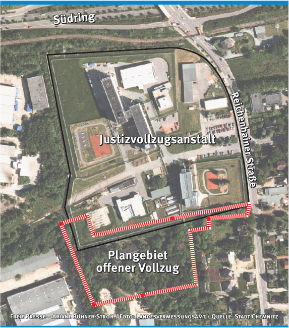 Anwohner fürchten Super-Knast - In dem hier rot umrandeten, etwa 10.000 Quadratmeter großen Gebiet an der Reichenhainer Straße soll der offene Vollzug angesiedelt werden. 