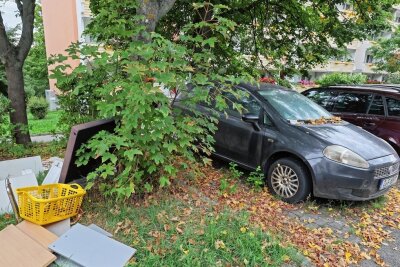 Anwohner in Zwickau rätseln: Was hat es mit diesem verlassenen Auto auf sich? - Dieser Fiat Punto sorgt in Eckersbach für Ärger. Gleich daneben noch ein Grund für Empörung: illegal abgelegter Müll. 