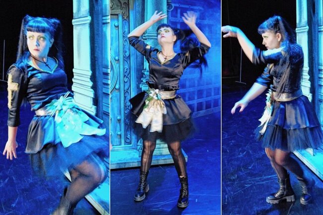 Auch Zwickau kann den Wednesday Dance: Performance aus dem Netflix-Hit auf der Gewandhaus-Bühne - Exklusiv-Aufführung für die "Freie Presse": Elisabeth Birgmeier beim Wednesday Dance auf der Bühne des Zwickauer Gewandhauses. 