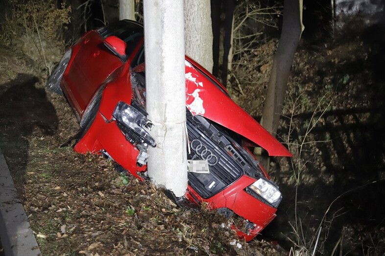 Audi prallt gegen Strommast und Baum: Insassen leicht verletzt - Bei einem Unfall im Lichtenauer Ortsteil Niederlichtenau sind am späten Samstagabend fünf Insassen eines Audis leicht verletzt worden.