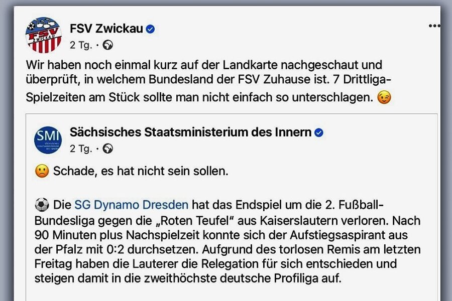 So reagierte der Fußball-Drittligist FSV Zwickau auf einen Facebook-Eintrag des für Sport zuständigen Innenministeriums. 