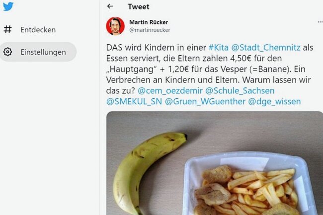 Aufregung um angebliches Chemnitzer Kita-Essen: Fritten-Foto löst Shitstorm aus - Dieser Tweet sorgte für viele Diskussionen im Internet. Ist dieses angebliche Kita-Essen ein Verbrechen an die Kinder?
