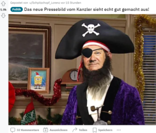 Kanzler Scholz als Spongebob-Pirat. Diesen und noch viele weitere Späße hat das Internet mit dem offiziellen Foto des Bundeskanzlers getrieben.