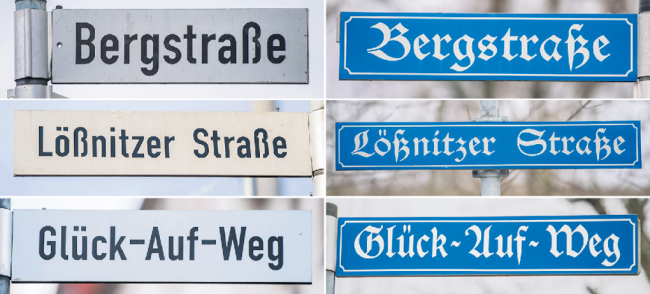 Aus Kobaltstraße wird Heimweg: Aue-Bad Schlema schafft doppelte Straßennamen ab - In Aue und Bad Schlema gibt es seit der Fusion gleich mehrere Straßennamen doppelt, darunter die Bergstraße, die Lößnitzer Straße und der Glück-Auf-Weg. Links sind die Schilder in Aue zu sehen, rechts die Schilder in Bad Schlema. Jetzt sollen die Doppelungen verschwinden. 