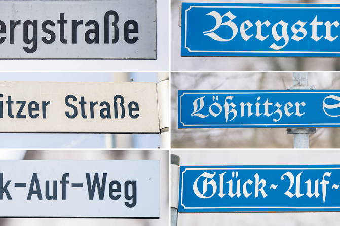 In Aue und Bad Schlema gibt es seit der Fusion gleich mehrere Straßennamen doppelt, darunter die Bergstraße, die Lößnitzer Straße und der Glück-Auf-Weg. Links sind die Schilder in Aue zu sehen, rechts die Schilder in Bad Schlema. Jetzt sollen die Doppelungen verschwinden. 