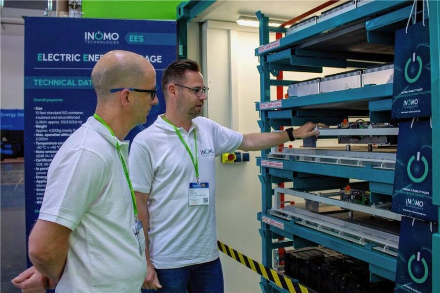 Ausgediente Batterien aus E-Autos bekommen in Chemnitz zweites Leben - Werksleiter Rico Schleicher und Projektleiter Marc Rybandt vor einem INOMO-Container mit sechs Batterien.