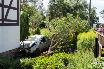 Auto schießt durch Zaun, fällt Baum und prallt gegen Hauswand - Fahrer unverletzt - 