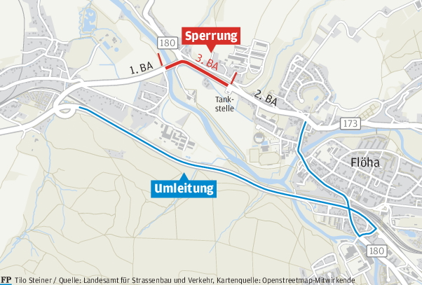 B 173 nun vollgesperrt: Autofahrer und Busse werden umgeleitet - Über die B 173n wird der Verkehr am dritten Bauabschnitt vorbeigeleitet.