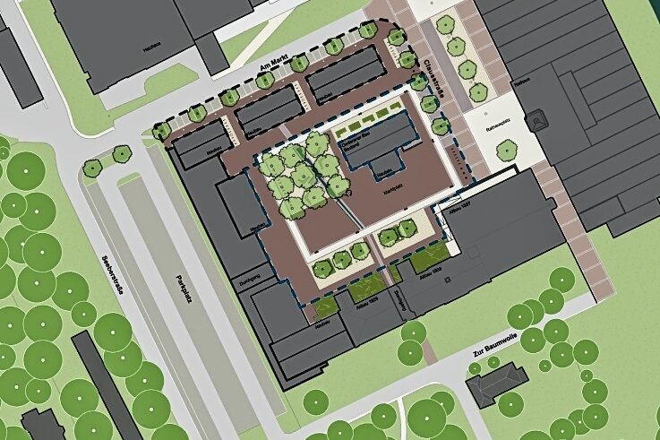 Bäume, Wasser und Geschichte für Flöhas Mitte - Der Lageplan zeigt die Entwurfsplanung für den künftigen Marktplatz rings um den Oederaner Bau in der Mitte. 