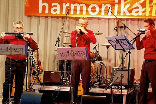 Bands aus Polen begeistern bei "Mundharmonika live" in Klingenthal - Das Trio Animato aus Polen beim Galakonzert von "Mundharmonika live" im Gasthof zum Walfisch in Zwota.