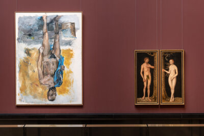 Baselitz-Ausstellung in Wien zwischen Klassik und Moderne - Moderner Kunst von Georg Baselitz - auch die, die typisch für ihn auf dem Kopf steht - werden in der aktuellen Ausstellung "Nackte Meister" in Wien Werke Alter Meister gegenübergestellt. Auch Adam und Eva spielen dabei eine Rolle.