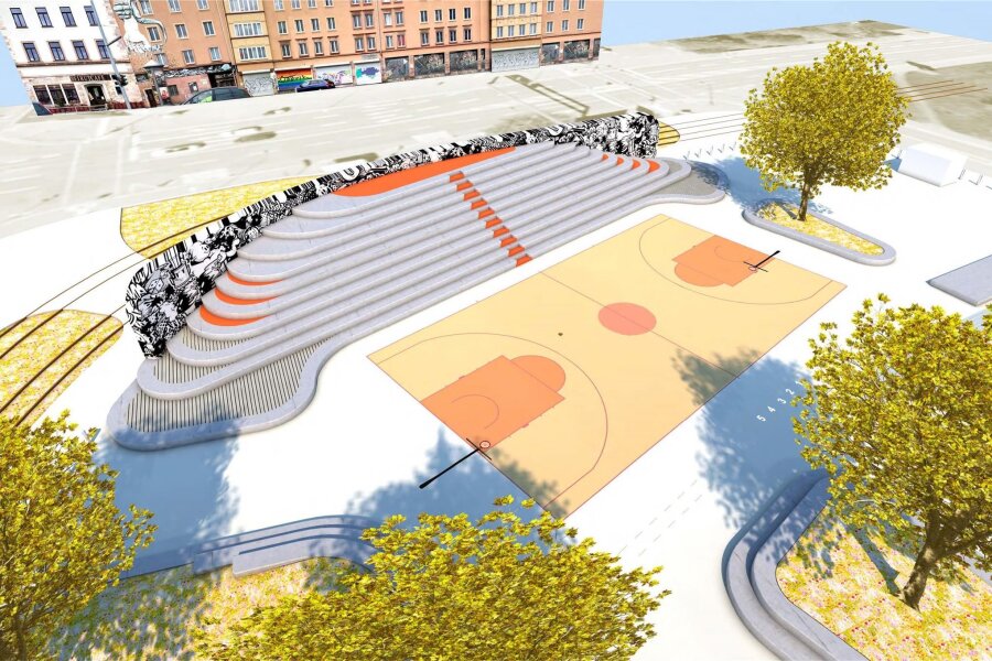 Basketballplatz im Konkordiapark: Baubeginn steht fest - Hier bekommt man eine Vorstellung, wie sich der Platz in den Konkordiapark einfügen soll. Die große Tribüne wird aus Kostengründen aber noch nicht mit gebaut.