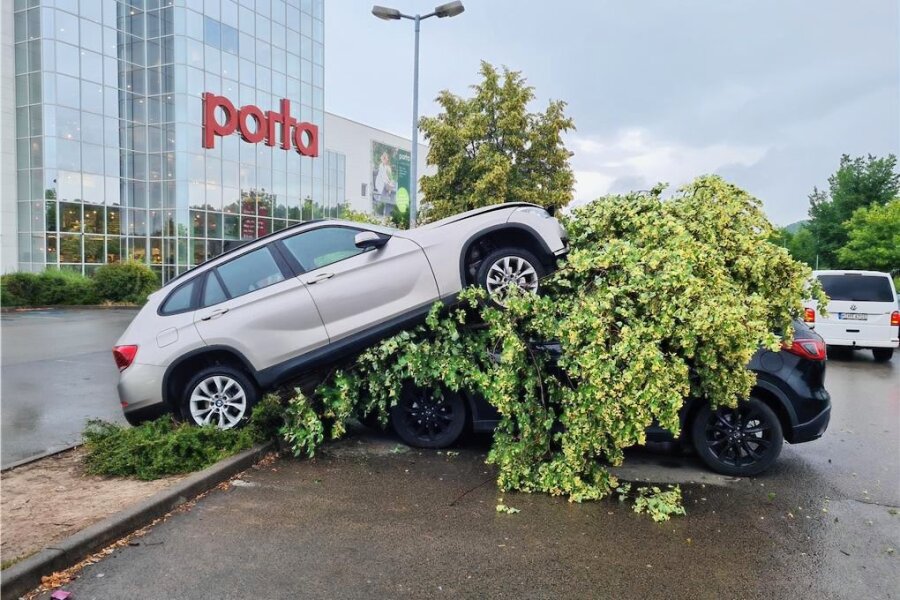 Baum wird auf dem Porta-Parkplatz in Zwickau zur Rampe: BMW landet auf Mazda - Spektakulärer Unfall: Ein BMW landet am Freitagabend auf einem Mazda.