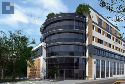 Baustart für neues Ärztezentrum in Plauen - Futuristisch mutet die Glasfassade mit Holztragkonstruktion des von der Chemnitzer Poliklinik an der Neundorfer Straße geplanten neuen Gesundheitszentrums an. Es soll nach Fertigstellung die Hausnummer 5 tragen. 