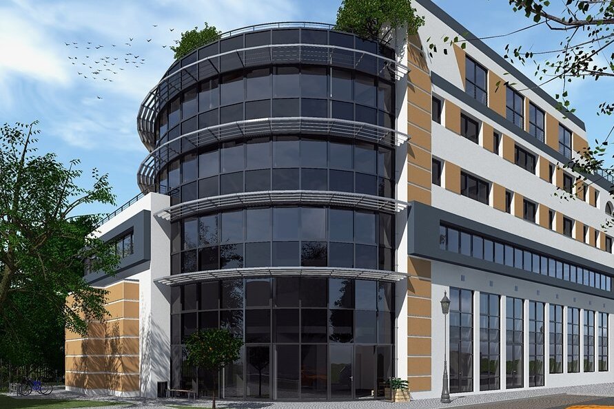 Futuristisch mutet die Glasfassade mit Holztragkonstruktion des von der Chemnitzer Poliklinik an der Neundorfer Straße geplanten neuen Gesundheitszentrums an. Es soll nach Fertigstellung die Hausnummer 5 tragen. 
