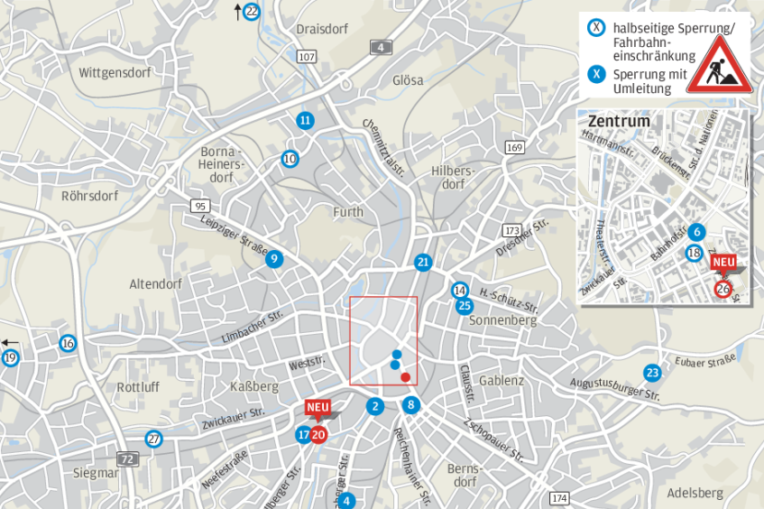 Baustellenübersicht: Wo es diese Woche in Chemnitz eng wird 