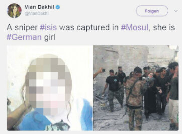 Behörde: 16-jährige aus Sachsen unter festgenommenen IS-Kämpferinnen - Die irakische Parlamentsabgeordnete Vian Dakhil postete auf ihrem Twitter-Account mehrere Fotos von der - wie sie schrieb - IS-Heckenschützin, die in Mossul gefangengenommen wurde.