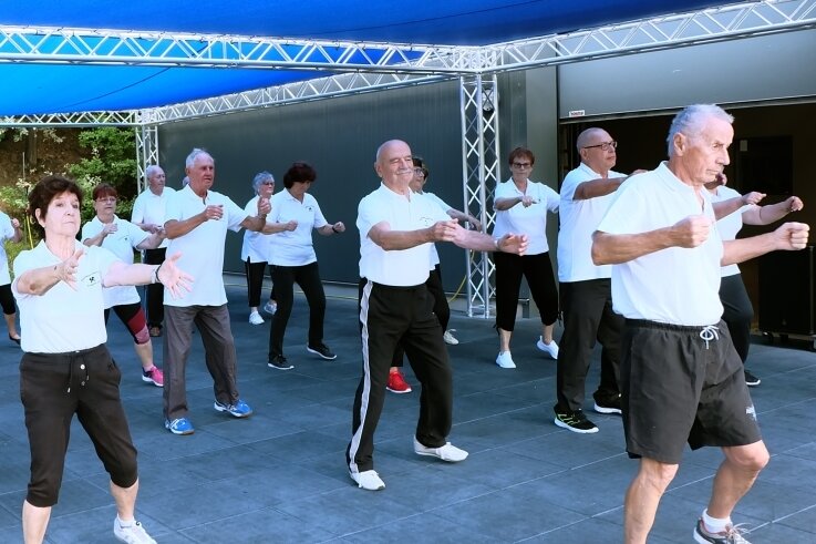 Die Seniorengymnastikgruppe von Peter Gebauer (rechts vorn) trainiert derzeit im Fitnessstudio im Oelsnitzer Bürgerpark. Im November wollen die Senioren das Sportzeichen ablegen. 