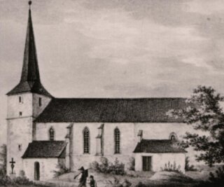 Bergbau wird in Bockwa anschaulich - Diese Aufnahme der Bockwaer Kirche entstand um das Jahr 1850. 