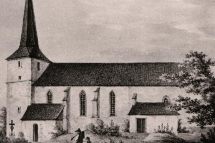 Bergbau wird in Bockwa anschaulich - Diese Aufnahme der Bockwaer Kirche entstand um das Jahr 1850. 
