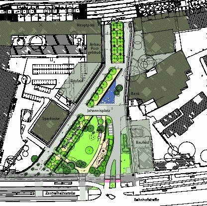 
              <p class="artikelinhalt">Die Entwurfsskizze zeigt den Johannisplatz mit dem geplanten Ausbau des Grünzugs Wall, der derzeitigen Zufahrt von der Bahnhofstraße her und möglichen Bauflächen. </p>
            