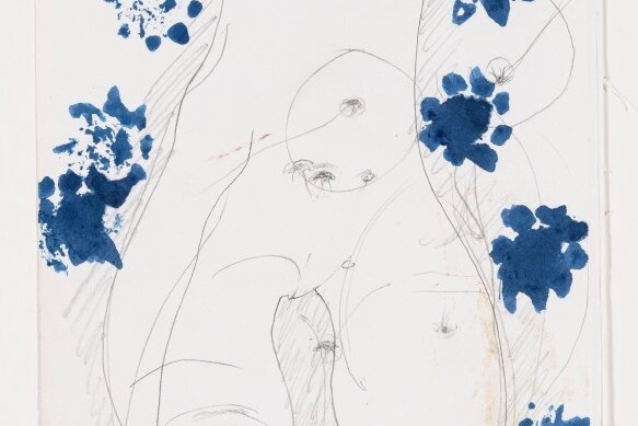 Der weibliche Schoß, von Joseph Beuys unbetitelt und undatiert, ist derzeit im Dresdner Residenzschloss zusammen mit rund 90 weiteren Zeichnungen von ihm zu sehen. 