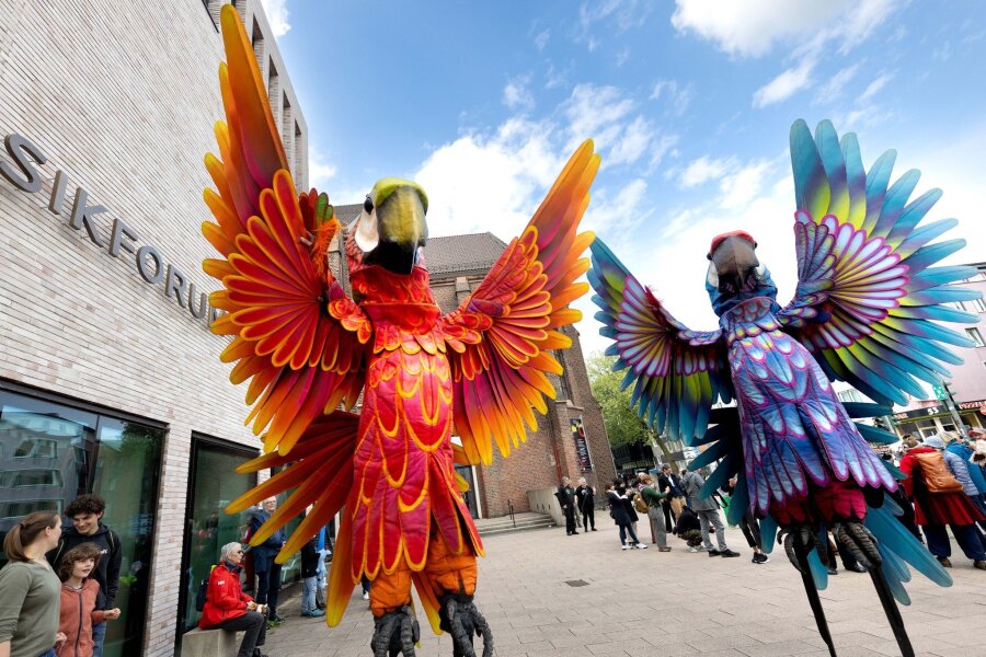 Bilder des Tages vom 07.05.2024 - Zwei Papagei-Statuen stehen für die Eröffnungsparade des Figurentheaterfestivals Fidena in Bochum auf der Straße. Mit übergroßen Insekten und seltsamen Lebewesen wurde ein Statement gegen das Artensterben gesetzt.