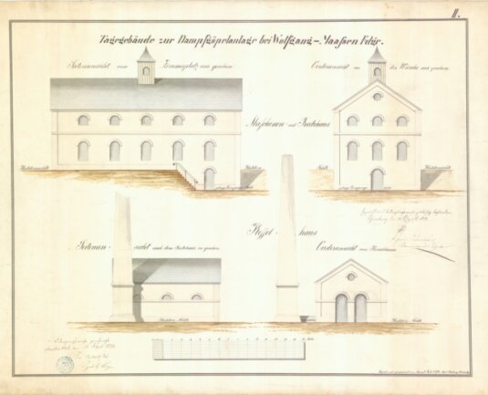 Der Riss aus dem Jahr 1874 zeigt das Maschinen- und Treibehaus sowie das Kesselhaus von Wolfgangmaßen.