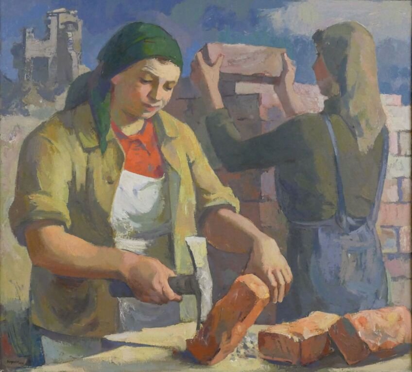 Rudolf Bergander wechselte nach dem Krieg seinen Kurs und wurde zu einem offiziell gefeierten Vertreter des "sozialistischen Realismus" . 1955 malte er in diesem Stil "Unsere Trümmerfrauen".