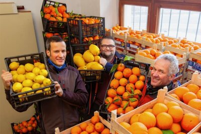 Brüder finden in Plauen neuen Verkaufsraum für Südfrüchte aus Sizilien - Jörg Grohmann, Markus Hossack und Arndt Grohmann (von links) bieten auch in diesem Jahr wieder in Plauen Zitrusfrüchte aus Sizilien an. Dank neuer Räume wird das Angebot ausgeweitet.