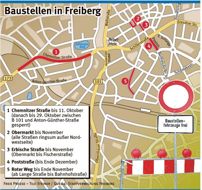 Brunnen- und Leitungsfunde kosten Zeit - Die Karte zeigt die fünf größten Straßenbaustellen in Freiberg. Es fehlt die Damaschkestraße auf dem Seilerberg, die bis 15. Oktober fertig sein soll.