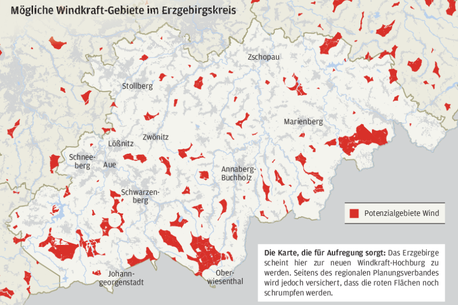 Karte: Mögliche Windkraft-Gebiete im Erzgebirgskreis.