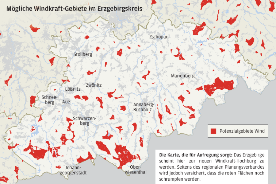Karte der möglichen Windkraft-Gebiete im Erzgebirgskreis.