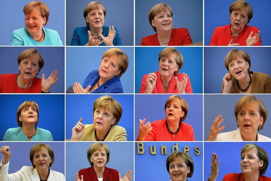 Die Bildkombo zeigt Bundeskanzlerin Angela Merkel (CDU) während ihrer traditionellen Bundespressekonferenz im Sommer in Berlin von 2021 bis 2006 (oben links bis unten rechts). 
