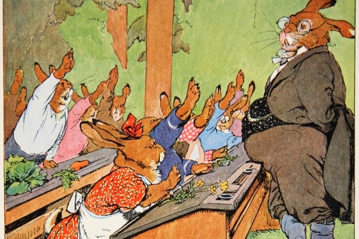 Bunte Osterstadt geplant - Die Illustrationen in Albert Sixtus berühmtesten Buch "Die Häschenschule" stammen von Fritz Koch-Gotha. 