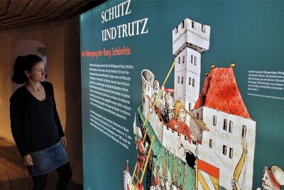 Burg Schönfels bietet „Schutz und Trutz“ - Die amtierende Burg-Chefin Susanne Melath vor einer der sechs beleuchteten Info-Tafeln im Wehrgang.