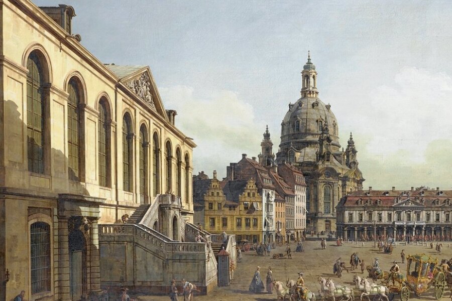 Canaletto-Ausstellung in Dresden: Meisterwerke im Kino-Format - Eine Vedute - also eine naturgetreue Darstellung einer Stadt, eines Platzes oder einer Landschaft - von Bernardo Bellotto. Sie bildet den Neumarkt Dresdens ab und ist jetzt im Rahmen einer Ausstellung in der Landeshauptstadt zu sehen. 