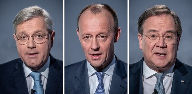 Eine Bildkombo zeigt die drei Kandidaten für den CDU-Parteivorsitz (von links): Norbert Röttgen, Friedrich Merz und Armin Laschet bei einer Diskussionsrunde im Konrad-Adenauer-Haus. 