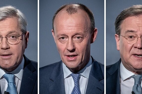 Eine Bildkombo zeigt die drei Kandidaten für den CDU-Parteivorsitz (von links): Norbert Röttgen, Friedrich Merz und Armin Laschet bei einer Diskussionsrunde im Konrad-Adenauer-Haus. 