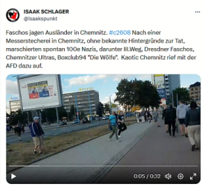 Chemnitz 2018: Was geschah nach der Angriffs-Szene im "Hase"-Video? - Die 30-sekündige Videosequenz, auf dem anonymen Kanal "Isaak Schlager" hochgeladen, entstand auf der gegenüberliegenden Seite der Bahnhofstraße und soll weitere Anhaltspunkte dafür liefern, dass 2018 Hetzjagden stattfanden. 