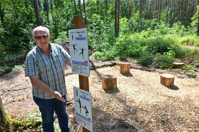 Chemnitz 2025: Wie rund um das Wasserschloß Klaffenbach alles schöner wird - Andreas Stoppke begutachtet den Trimm-Dich-Pfad, der im Wald neu geschaffen wurde.