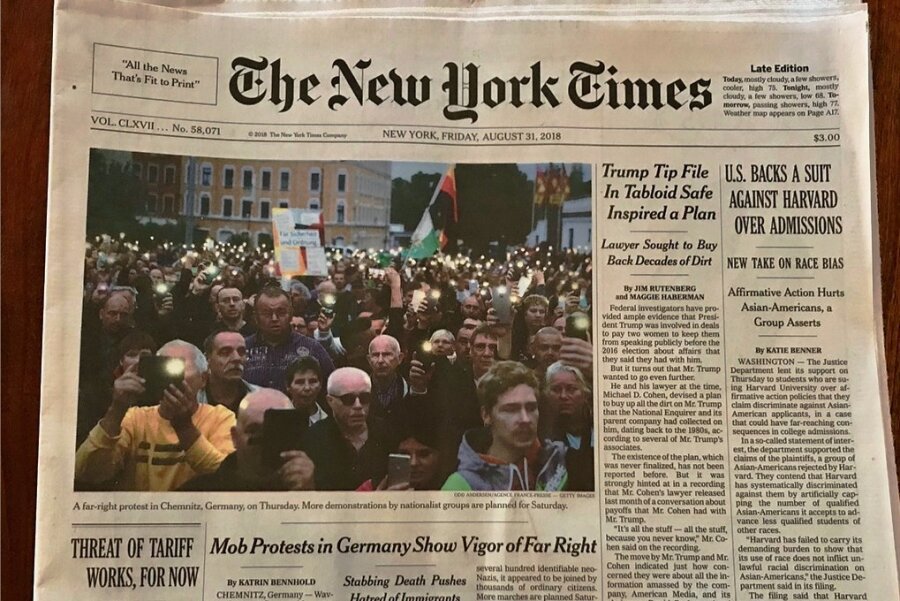 Chemnitz auf der Titelseite der New York Times - "Rechtsextremer Protest in Chemnitz, Deutschland": So berichtete die New York Times. 