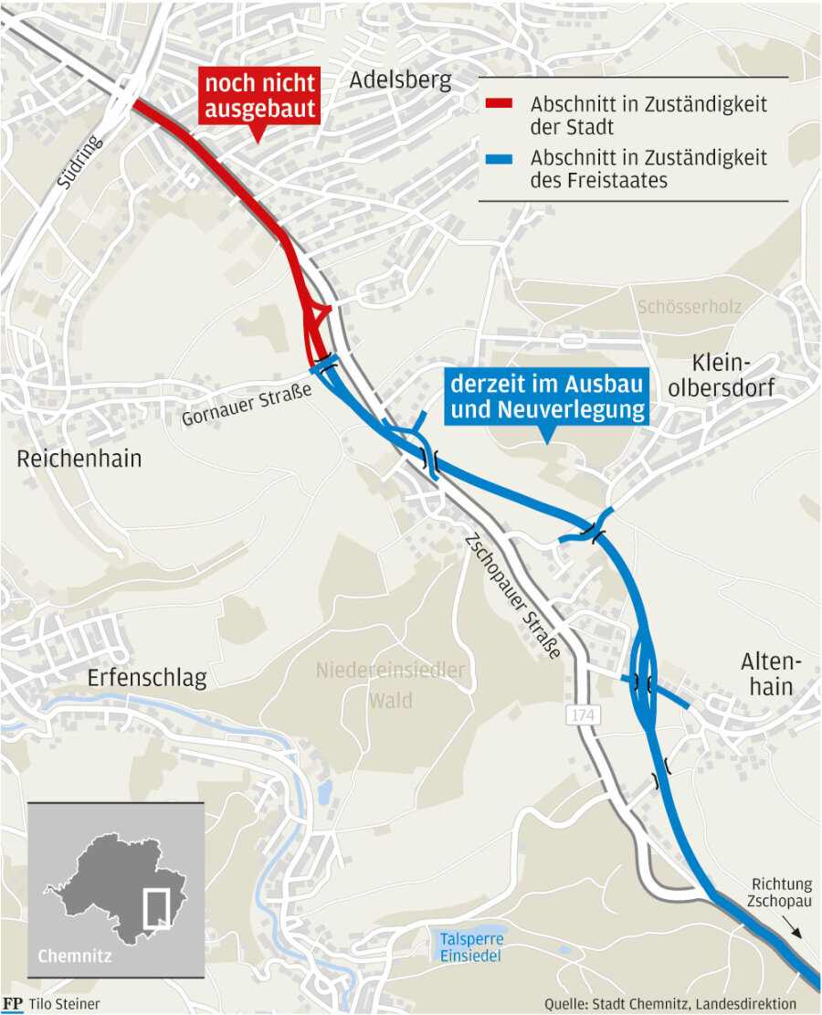 Chemnitz baut B 174 ab 2012 aus - Der rote Teilabschnitt soll nun ausgebaut werden.