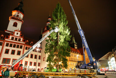 Chemnitz hat seinen Weihnachtsbaum - Kurz vor 18 Uhr war der Aufbau beendet.