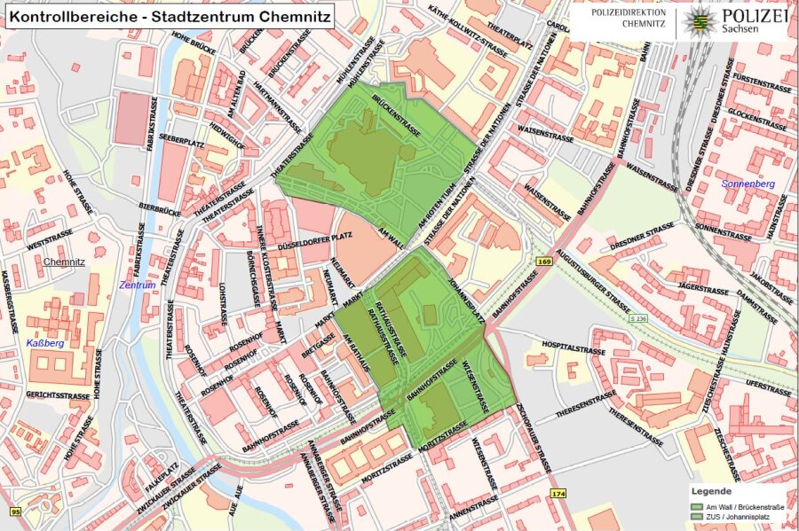 Chemnitz: Polizei kontrolliert jetzt ohne Anlass - Zwei Kontrollbereiche (grün markiert) in der Chemnitzer Innenstadt werden im August eingerichtet.