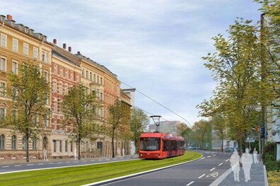 Entwurfsskizze: So könnte die Theaterstraße aussehen, wenn die Bahnen des Chemnitzer Modells darauf rollen.