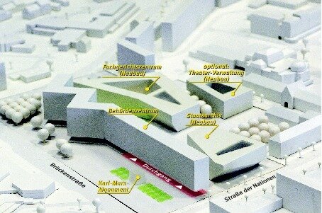 <p class="artikelinhalt">Der Siegerentwurf der Chemnitzer Arbeitsgemeinschaft: Er schlägt auch einen Neubau anstelle der alten Theater-Verwaltung an den Kunstsammlungen (rechts hinten) vor.</p>