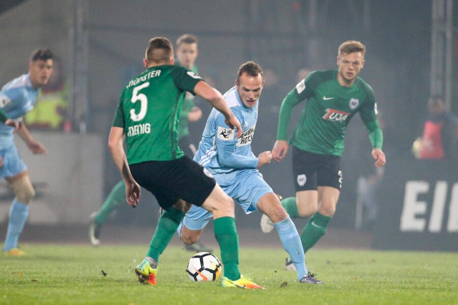 Chemnitzer FC verliert 0:1 in Münster - Fabian Menig (Münster) und Julius Reinhardt (Chemnitz) im Duell.